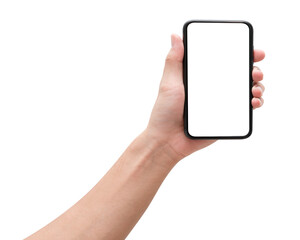 Male hand holding phone isolated on white background.