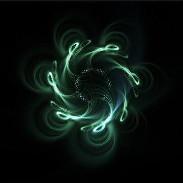 Green star-shaped glowing light flare effect isolated on black