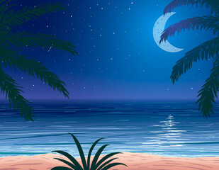 Vector palm trees leaves on ocean coast background at night