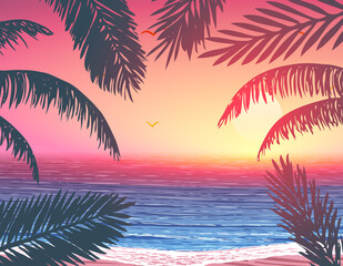 Vector palm trees leaves on ocean coast background at sunset