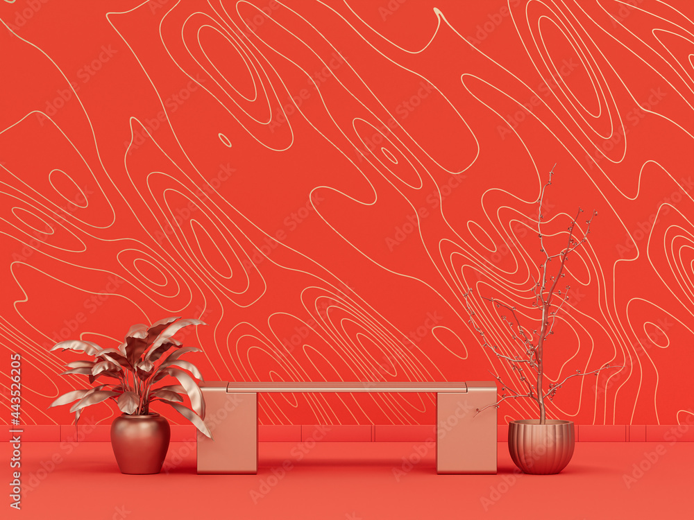 Poster park bench and plants in plain monochrome orange room with wave pattern wall. 3d rendering, empty ro