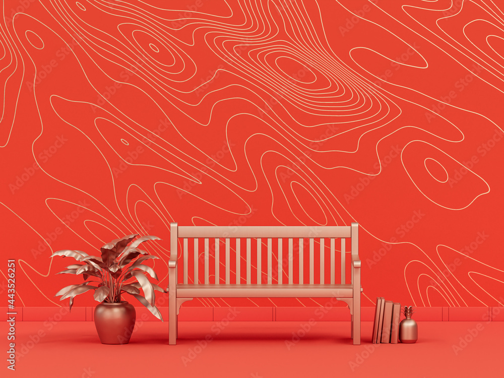 Poster park bench and plants in plain monochrome orange room with wave pattern wall. 3d rendering, empty ro