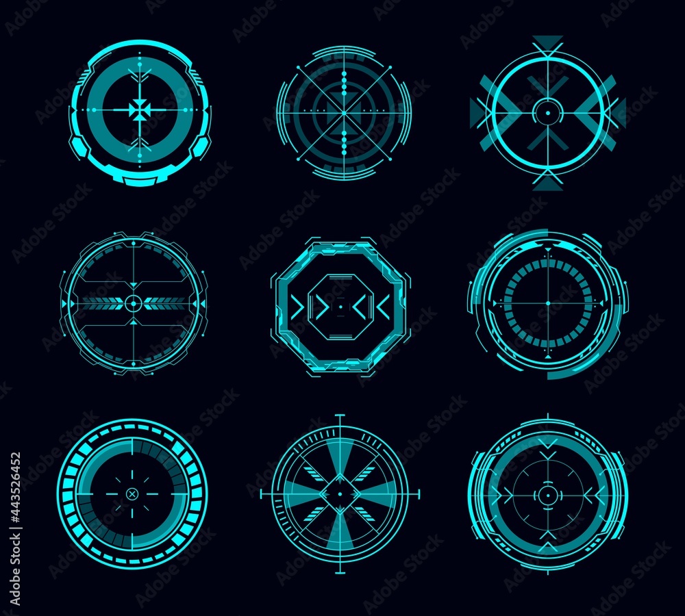 Aufkleber HUD aim control, futuristic target or navigation interface vector design of game ui or gui. Military crosshair, digital focus, sniper weapon scope and collimator sight screen, Sci Fi, shooting games
