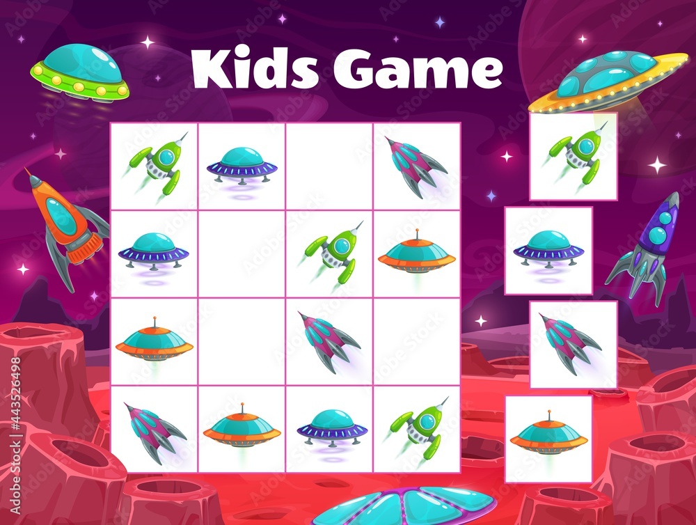 Poster kids maze game with spaceships. vector sudoku puzzle with space shuttles. riddle with cartoon rocket