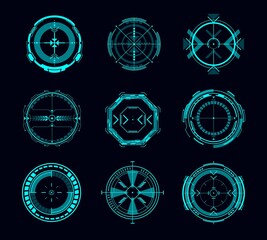 HUD aim control, futuristic target or navigation interface vector design of game ui or gui. Military crosshair, digital focus, sniper weapon scope and collimator sight screen, Sci Fi, shooting games - obrazy, fototapety, plakaty