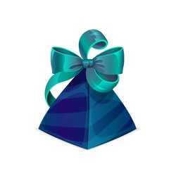 Gift box with bow, birthday or wedding present with blue and green ribbon, vector. Jewelry gift box present in wrapper, holiday celebration luxury gift package of triangle shape