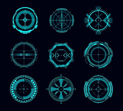 HUD aim control, futuristic target or navigation interface vector design of game ui or gui. Military crosshair, digital focus, sniper weapon scope and collimator sight screen, Sci Fi, shooting games