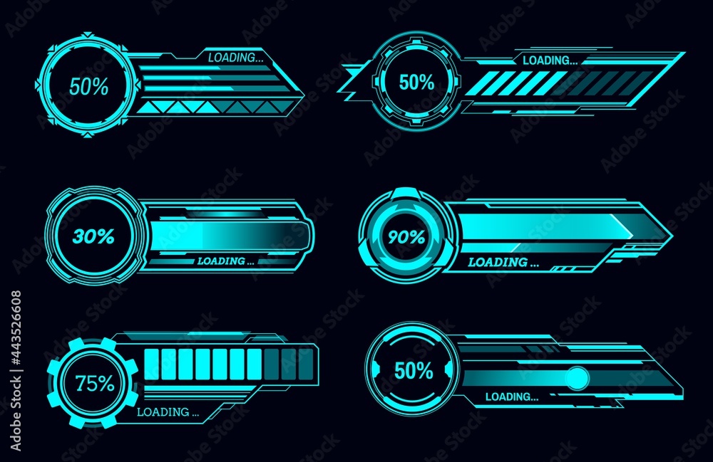 Leinwandbilder HUD futuristic loading bars and SCI FI user interface, vector digital technology panel. HUD downloading bars and SCI FI screen with digital dashboard controls on display