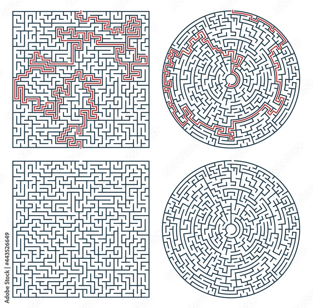 Poster Labyrinth maze game. Vector puzzle with square and circle labyrinth. Find right way game, rebus, riddle or test, monochrome maze board game with red solution path, exit, entrance, deadlocks