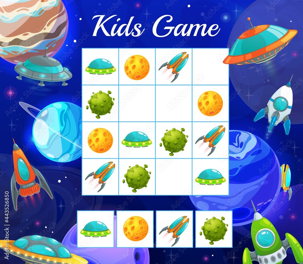 Poster puzzle game with space shuttles. vector kids riddle with cartoon rockets, alien ufo saucers and plan