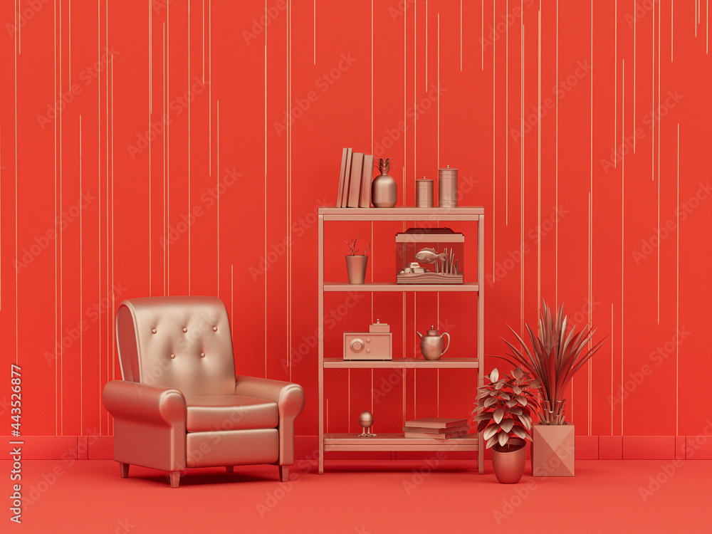 Poster monochrome single color red book shelf 3d icon in orange background interior room with striped patte