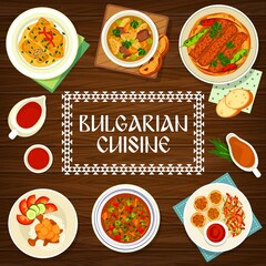 Bulgarian food cuisine menu cover, Bulgaria dishes and traditional meals, vector. Bulgarian food, authentic restaurant cuisine dishes, beef soup teleshko vareno, beef kebapcheta with peppers