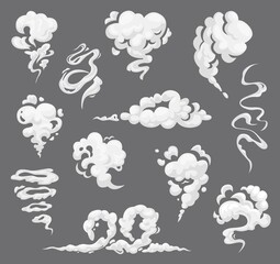 Cartoon clouds, steaming smoke flows, steam explosions smog and smoke clouds, vector icons. Fog smoke, mist steam clouds with white smog effect, spooky dust explosion of puff vapor