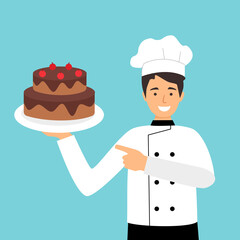 Proud chef with plate of chocolate cake for customer in hotel restaurant. Bakery chef character concept.