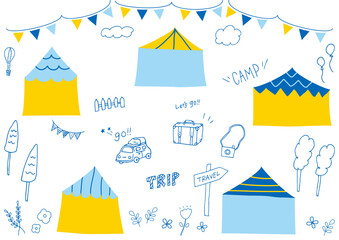 手がきのテントキャンプ旅行のイラスト