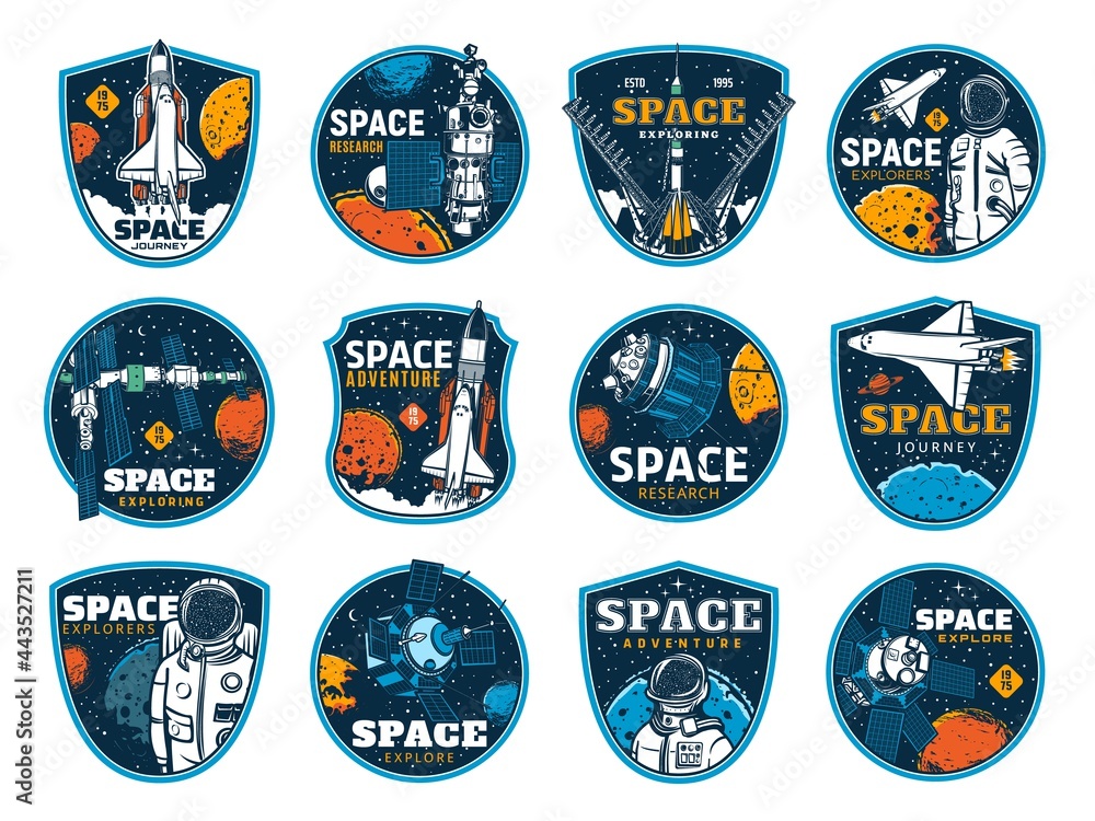 Poster space and galaxy discovery icons, rockets and spacecrafts launch to planets, vector signs. spaceman 