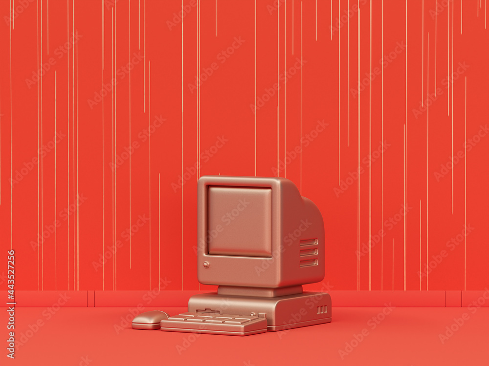 Aufkleber monochrome single color metallic gold, an old computer with keyboard and mouse in orange background 