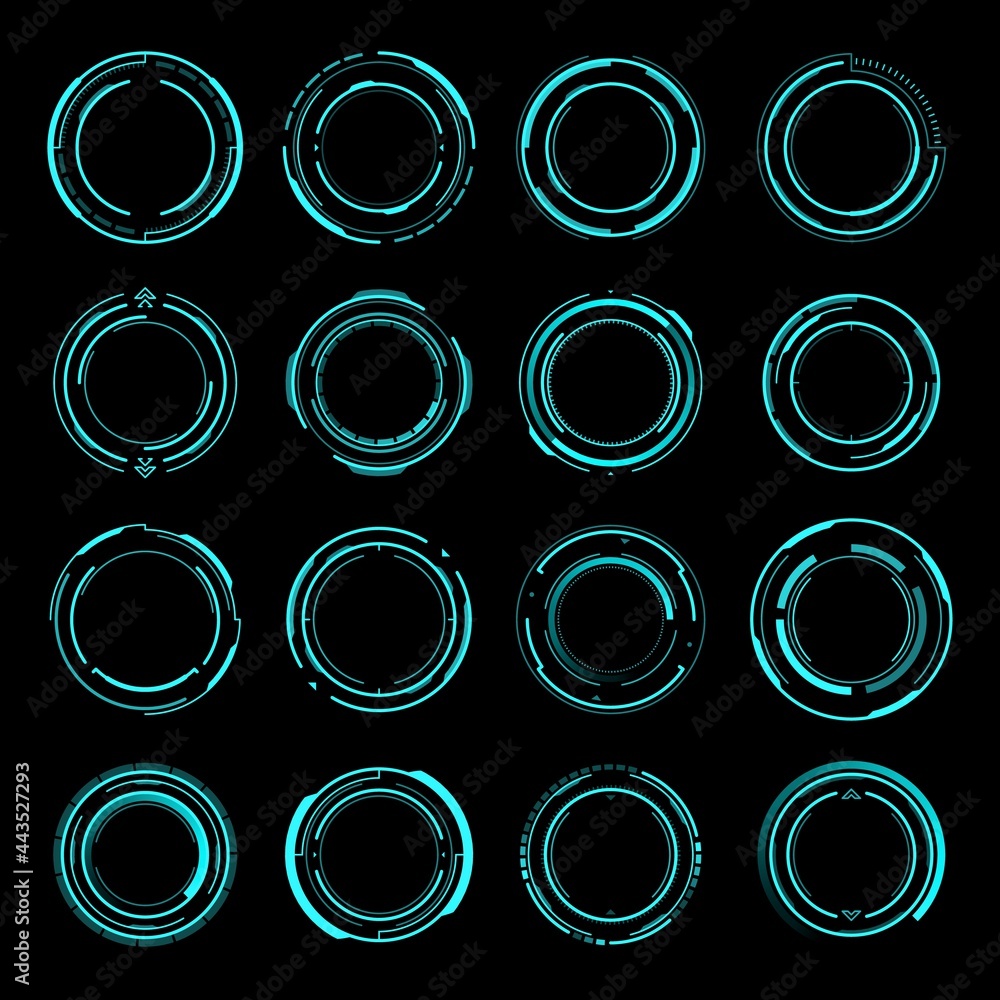 Aufkleber HUD round frames. Aim and target control panels, digital interface of Sci Fi and shooting games. Futuristic head up display frames and borders design for aim or target vector screens