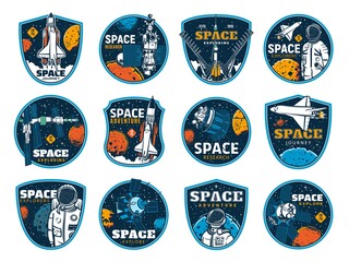 Space and galaxy discovery icons, rockets and spacecrafts launch to planets, vector signs. Spaceman galaxy research flights and space exploration program, spaceship and orbital station launch mission