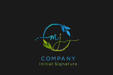 Initial M J beauty monogram and elegant logo design in green color , handwriting logo of initial signature, wedding, fashion, floral and botanical with creative template.