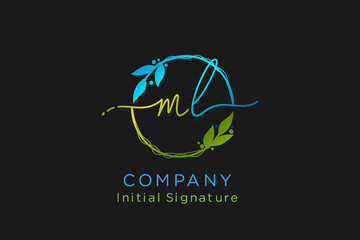 Initial M L beauty monogram and elegant logo design in green color , handwriting logo of initial signature, wedding, fashion, floral and botanical with creative template.