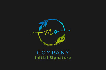 Initial M O beauty monogram and elegant logo design in green color , handwriting logo of initial signature, wedding, fashion, floral and botanical with creative template.
