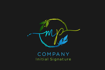 Signature Initial M P beauty monogram and elegant logo design in green color , handwriting logo of initial signature, wedding, fashion, floral and botanical with creative template.
