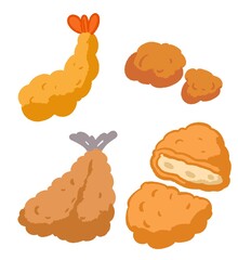 揚げ物（アジフライ・エビフライ・唐揚げ・コロッケ）イラストセット・線無し