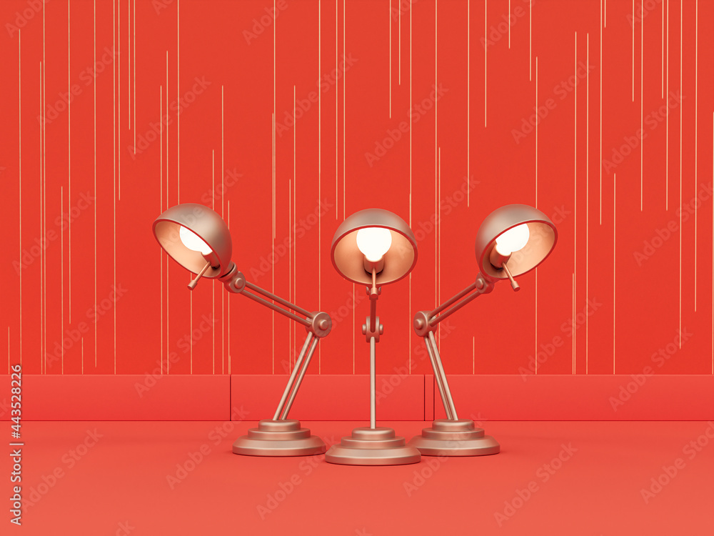 Poster monochrome single color metallic gold, a group of table lamp in orange background interior room with