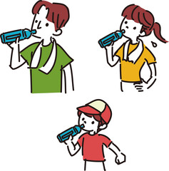ペットボトルから水を飲む家族のイラスト