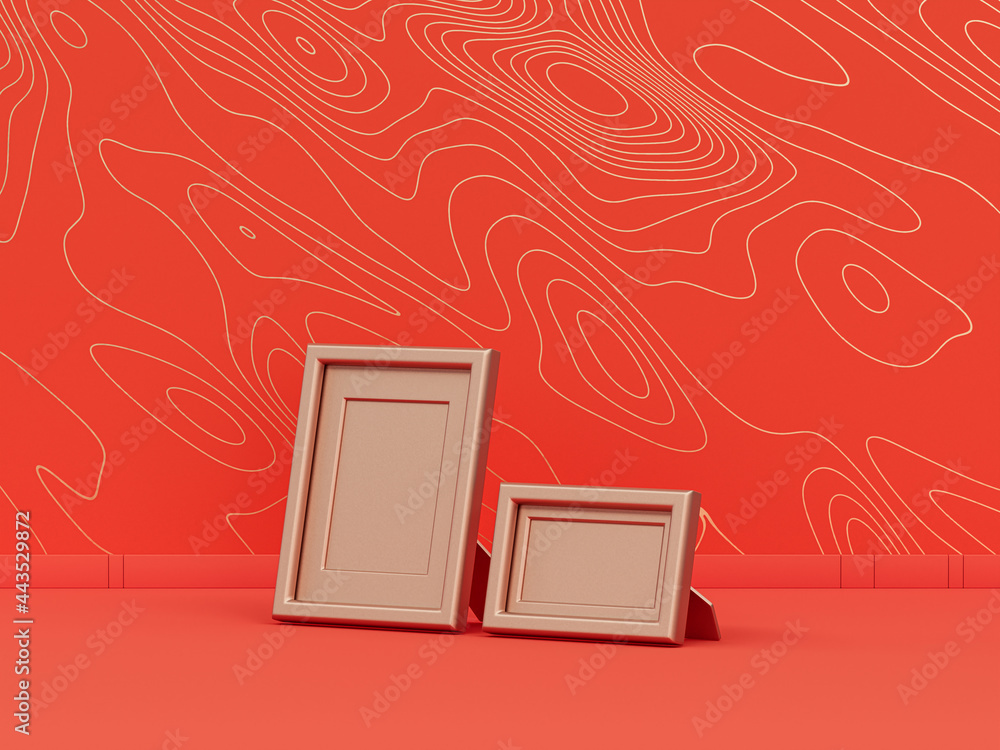 Poster monochrome single horizontal and vertical two red picture frames color in orange background interior