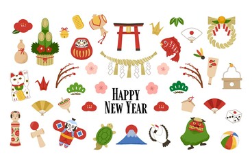 いろいろな縁起物セット　お正月　手描きイラスト