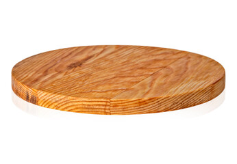 Round pizza board made of natural wood, on a white background