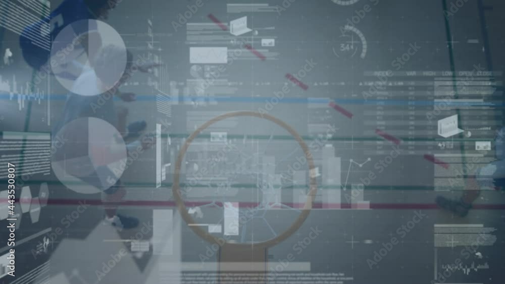 Poster animation of data processing and statistics over basketball players