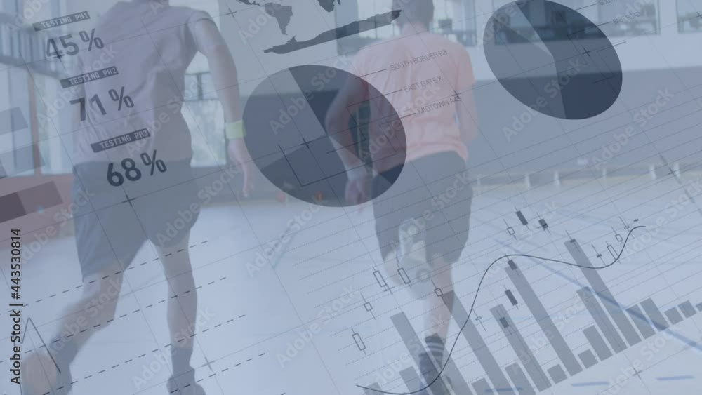 Poster animation of data processing and statistics over basketball players
