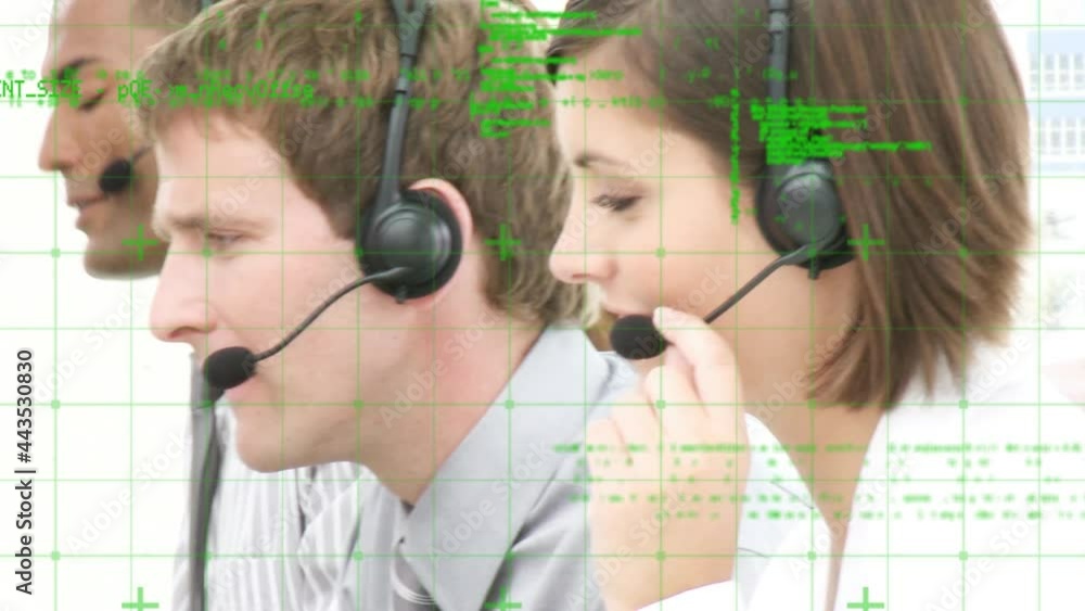 Poster animation of data processing over business people using phone headsets