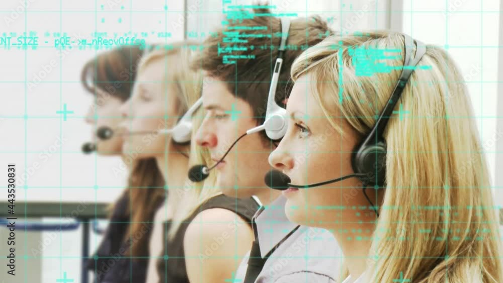 Poster animation of data processing over business people using phone headsets
