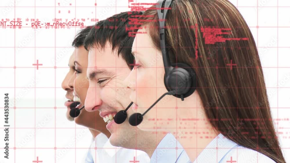 Poster animation of data processing over business people using phone headsets