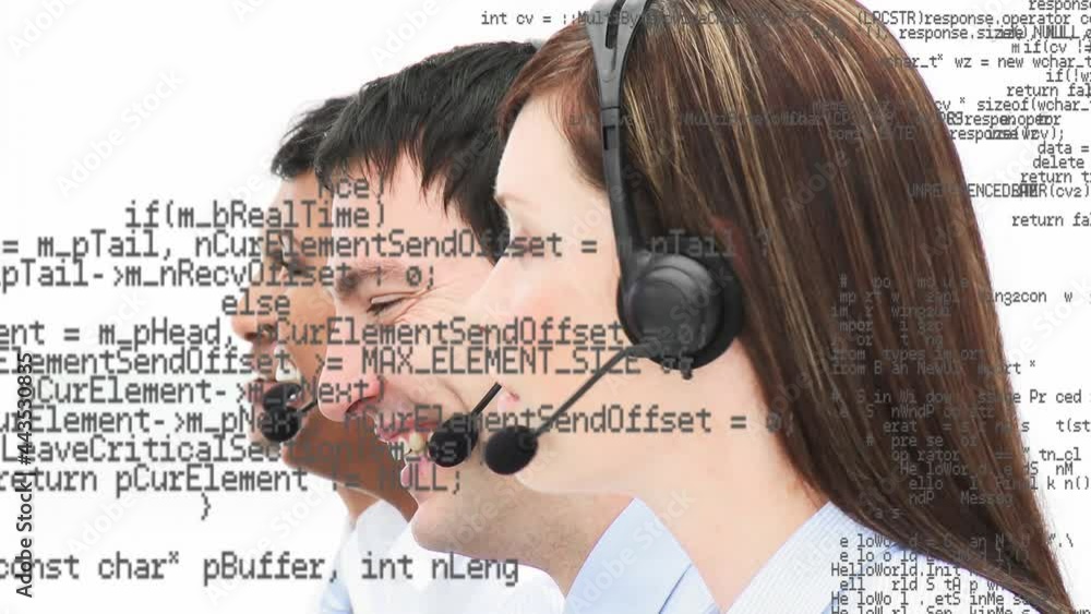 Poster animation of data processing over business people using phone headsets