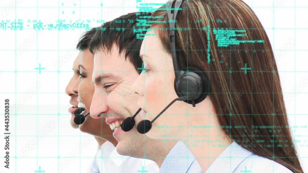 Poster animation of data processing over business people using phone headsets