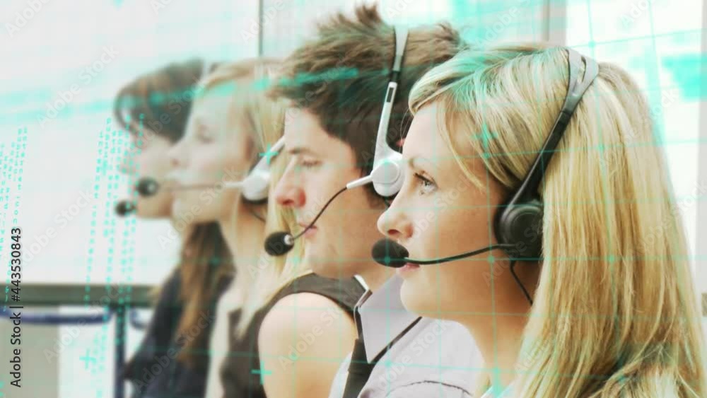 Poster animation of data processing over business people using phone headsets