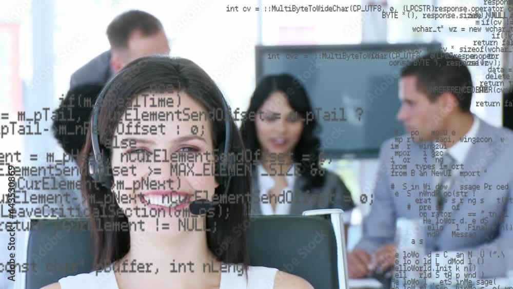 Poster animation of data processing over business people using phone headsets