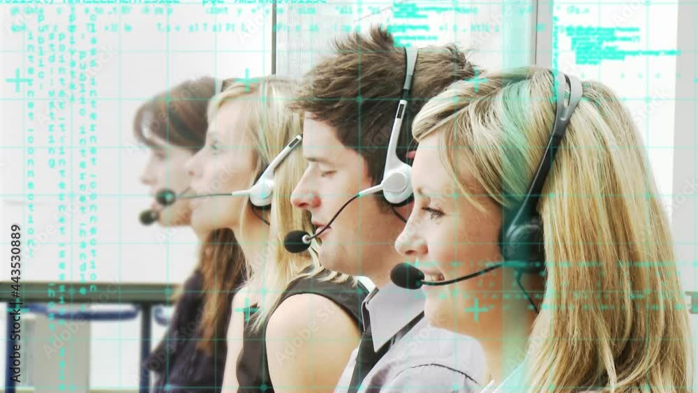 Poster animation of data processing over business people using phone headsets