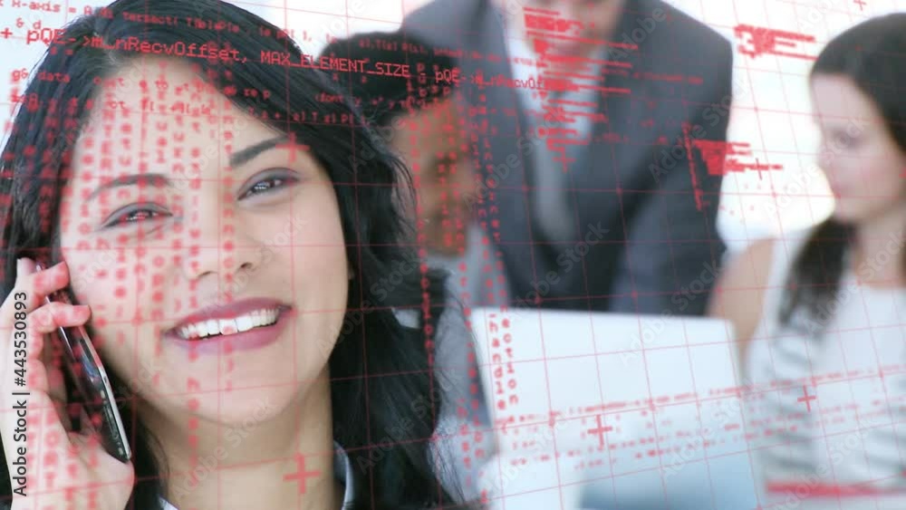 Poster animation of data processing over businesswoman using smartphone