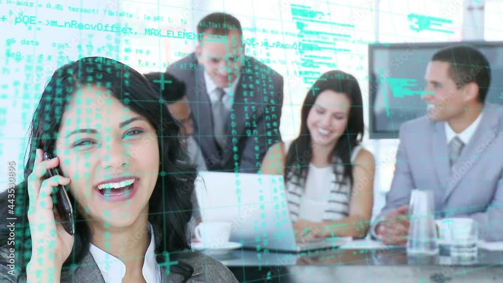 Poster animation of data processing over businesswoman using smartphone
