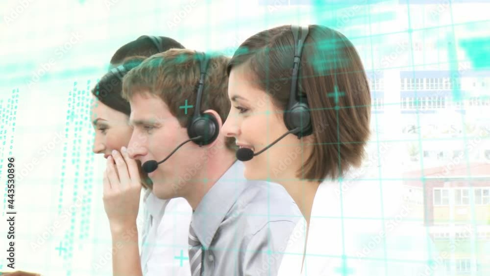 Poster animation of data processing over business people using phone headsets