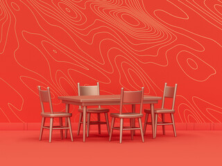 monochrome single metallic gold color dinner table in orange background interior room with wave pattern,single color, 3d Icon, 3d rendering