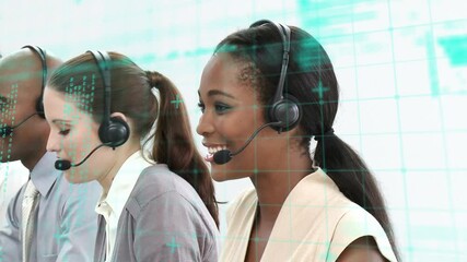 Animation of data processing over business people using phone headsets - Powered by Adobe