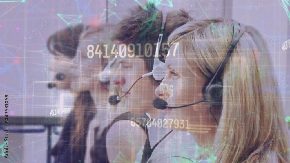 Poster animation of data processing over business people using phone headsets