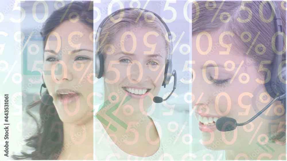 Poster animation of data processing over business people using phone headsets